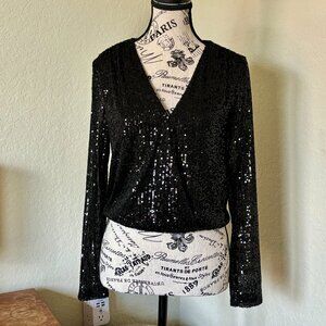 Sincerely Jules Black Lightweight Long Sleeved All Over Sequin V-Neck Top